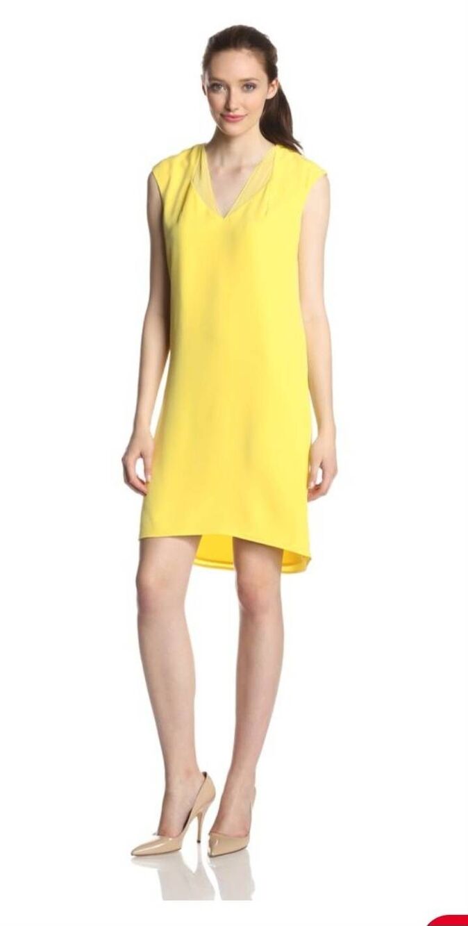 Calvin Klein yellow shift dress, V neck, Slvls, High Low NWOT, sz 10